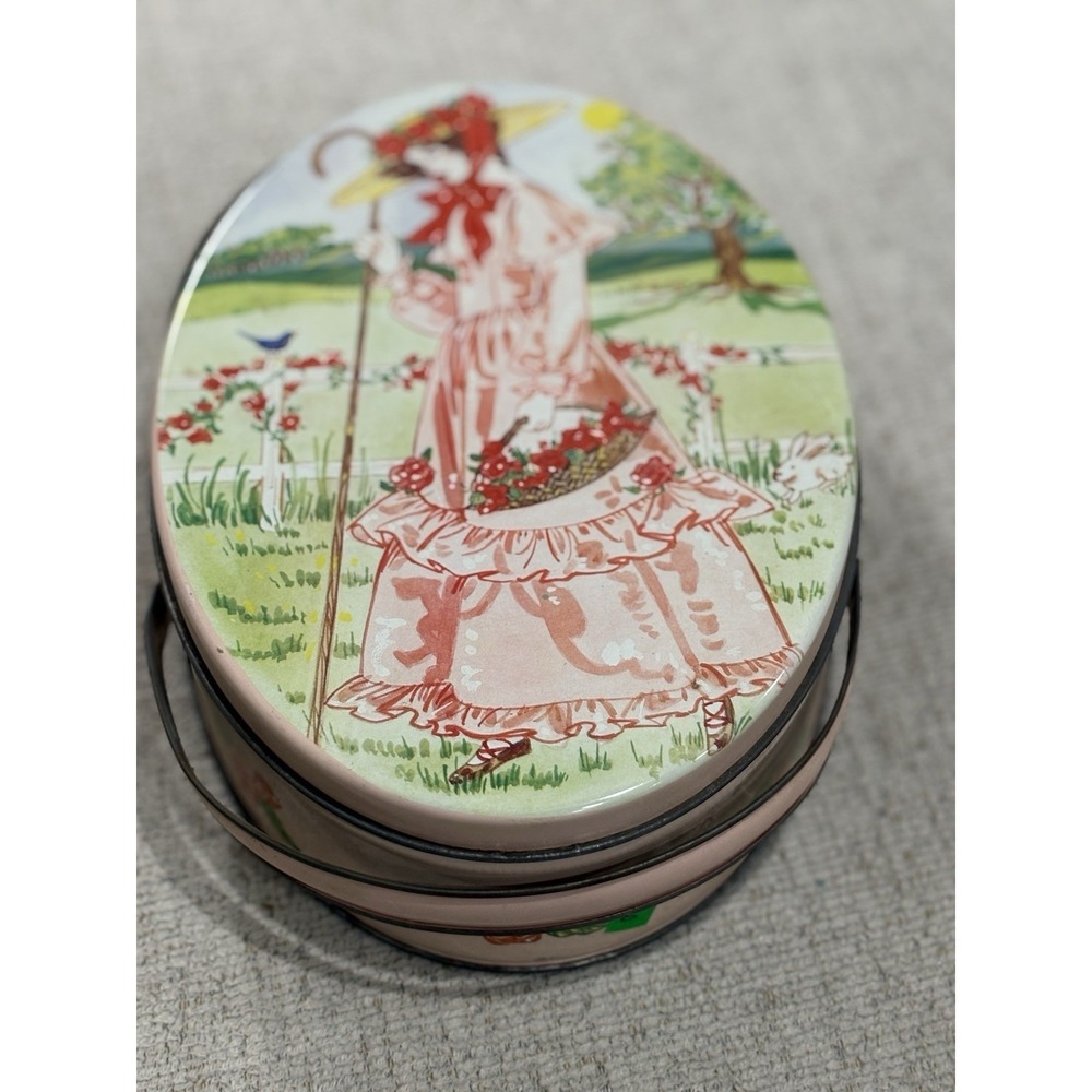 Vintage Valleybrook Farms Oval Tin Cookie Box Cottage Girl Bunny Floral Storage